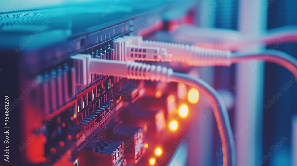 Poster network switches connected with cables in a data center during evening hours highlighting technology
