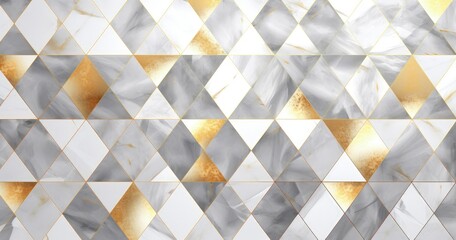 Fototapeta premium A geometric pattern featuring triangular tiles in shades of gray, white, and gold, suitable for modern interior design.