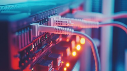 Network switches connected with cables in a data center during evening hours highlighting technology and connectivity