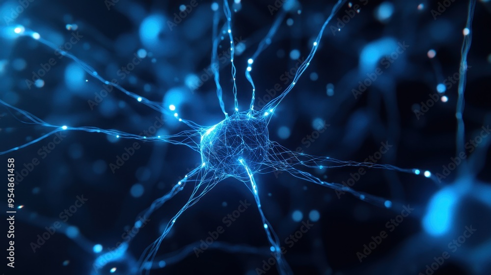 Poster abstract blue neural network with glowing lines and nodes for science, technology, and medical conce