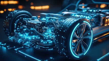 Fototapeta premium Futuristic Electric Car Engine with Glowing Blue Lights - Concept Design.