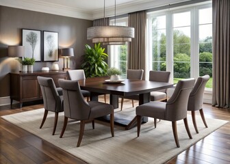 Fototapeta premium This dark wood dining table seats six, perfect for intimate gatherings in a stylishly appointed modern dining space