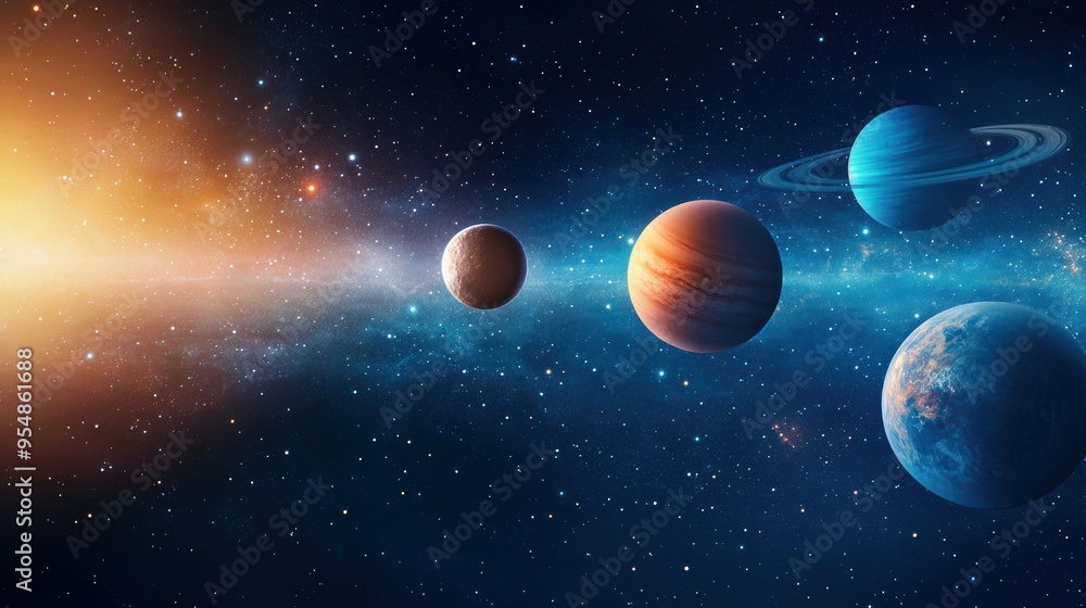 Wall mural a space-themed background with planets and stars, representing exploration and cosmic science