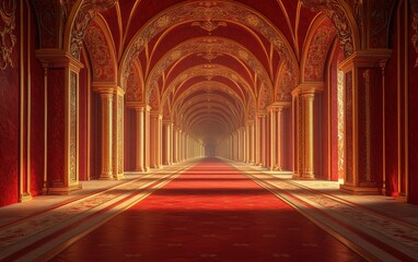 Fototapeta premium Grand Hallway with Red Walls and Gold Accents - Architectural Interior Design