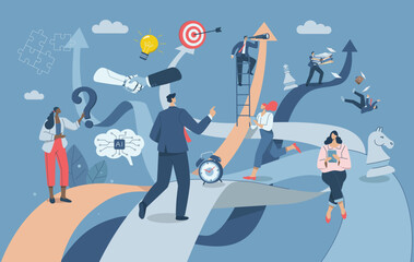 Team building, Business organization, Competition of skills or abilities to succeed in a career, The path of opportunity or the pursuit of success, Corporate project management. Vector illustration.