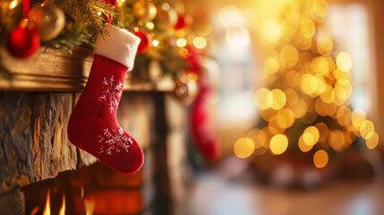 Christmas socks with gifts on fireplace in living room