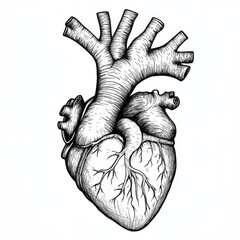 Detailed Black and White Outline of a Human Heart with Anatomical Features, Including Chambers and Valves, Ideal for Coloring on a Clean White Background