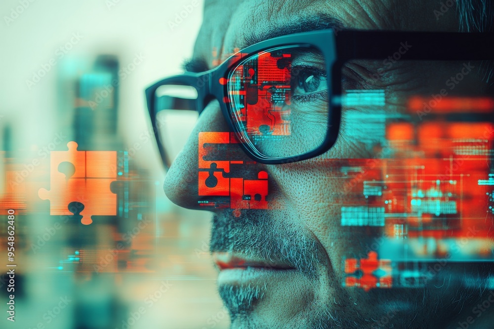 Poster neuroendocrinology emotional bonding man wearing digital glasses with floating puzzle pieces represe