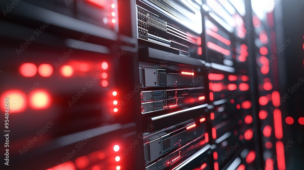 Poster data center with illuminated servers showcasing technology at work during a modern digital environme