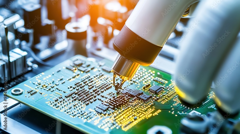 Poster technician soldering a circuit board in a well-lit electronics workshop during daytime hours