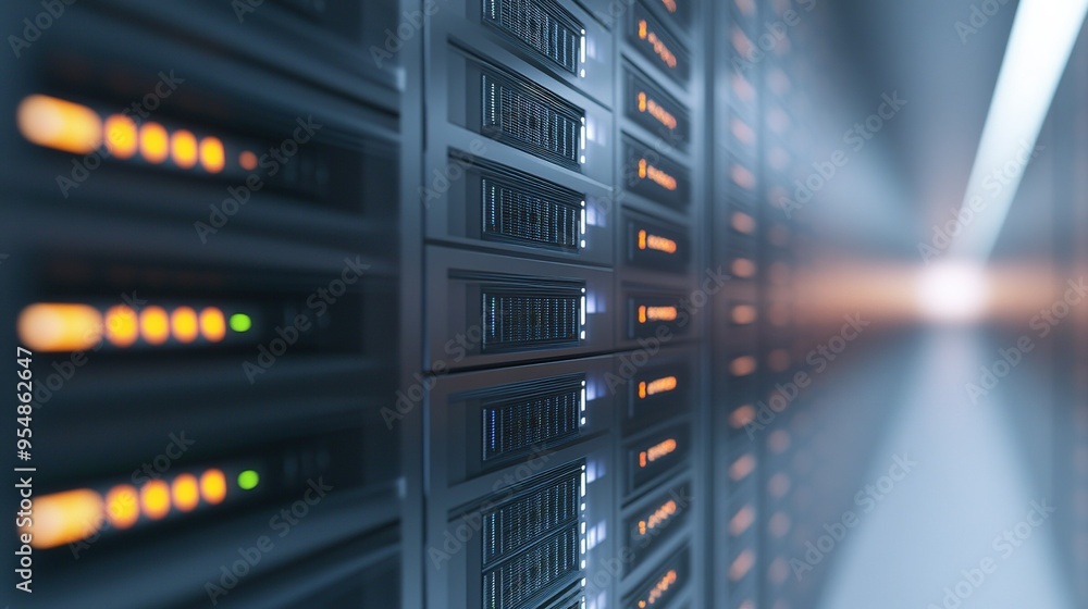 Poster data center racks showcasing multiple servers processing information in a technology hub during even