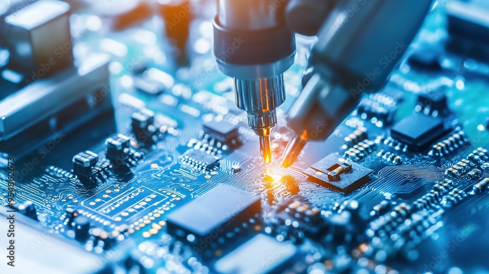 Poster technician soldering components on a circuit board in a workshop during a bright afternoon