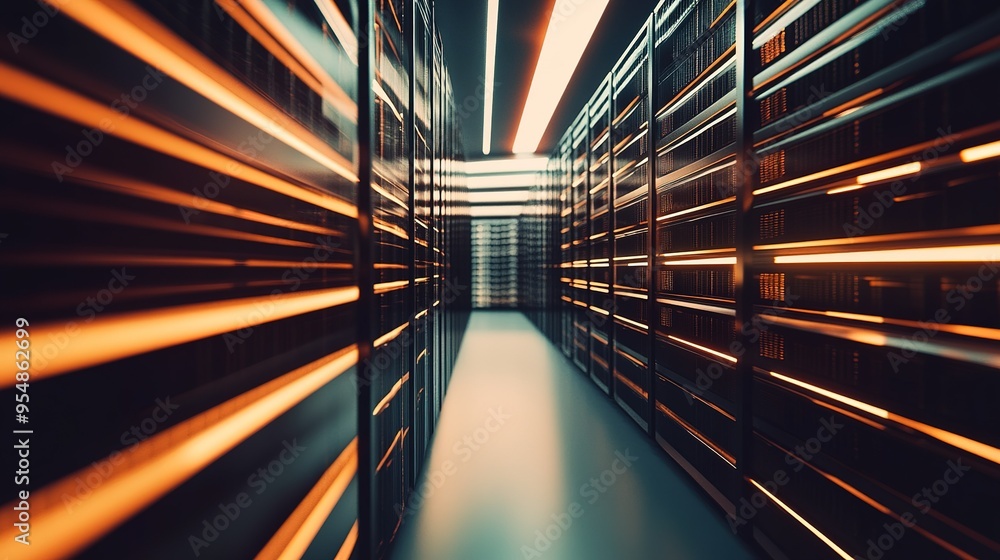 Poster a modern data center hallway with illuminated server racks showcasing technology and infrastructure 