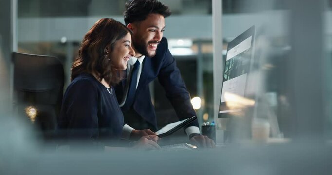 Business, people and high five at night with computer, happiness and bonus incentive with finance returns. Financial traders, technology and success for profit or investment and team achievement.