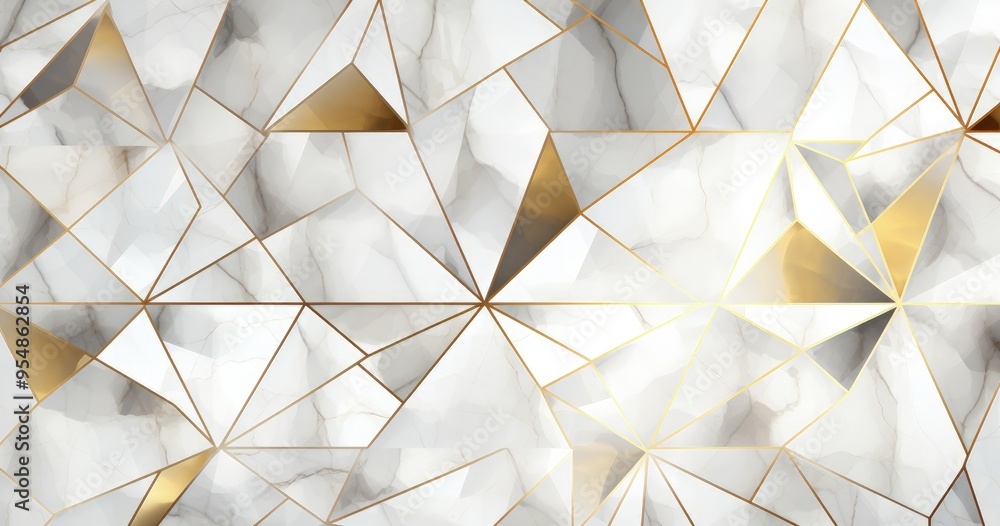 Poster A geometric abstract design featuring white and gold triangular patterns, suitable for backgrounds or decorative purposes.