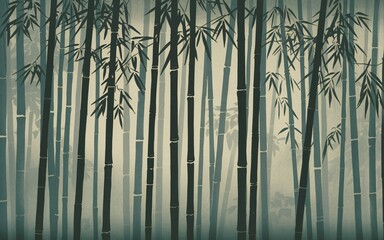 Serene Japanese Woodblock of Dense Bamboo Grove with Tall Stalks