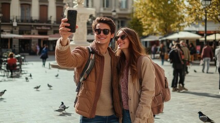 Young couple taking a selfie in a city square