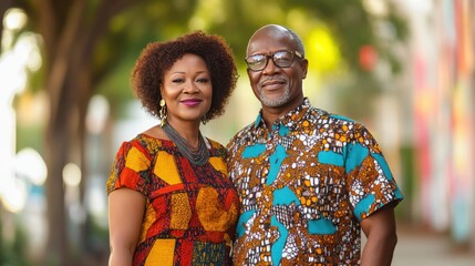 Middle-aged African couple wearing colorful traditional clothing outdoors
