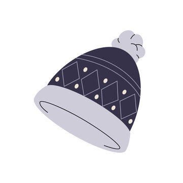 recommend clip art: Patterned winter hat. Knitted wool cap for men, women and kids. Wintertime clothes, seasonal warm accessory. Headwear, headgear with pom pom. Flat isolated vector illustration on white background