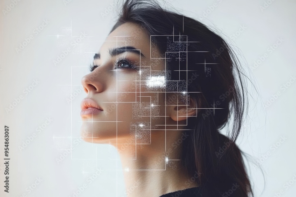 Poster long term potentiation neural circuitry of love woman with digital patterns on her face symbolizing 