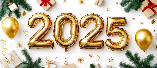 New Year banner with golden foil balloons displaying the numbers "2025" and Christmas decorations on a white background, representing the New Year celebration concept.