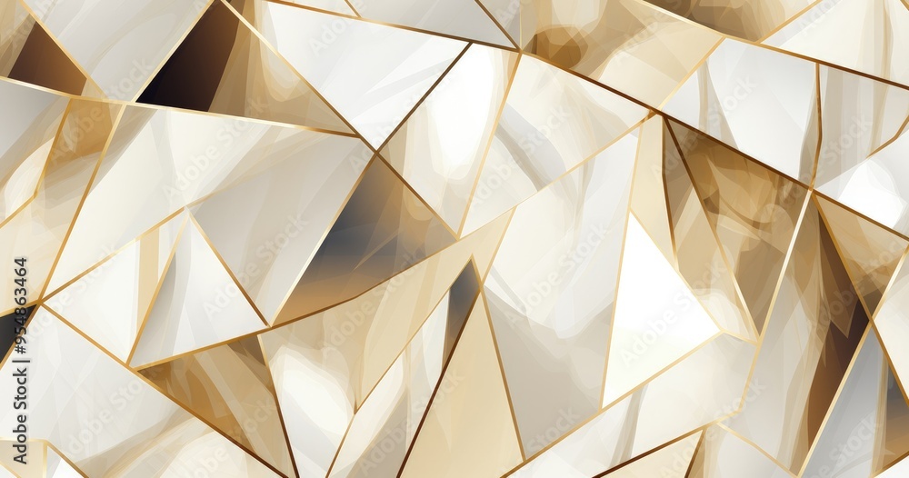 Poster a geometric abstract design featuring triangular shapes in shades of cream and gold, creating a mode