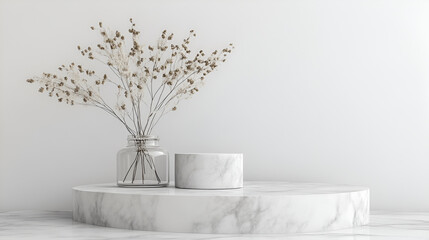 A round marble platform on a white countertop in a modern bathroom blurred background ,Round stand for cosmetic products, Podium, stage pedestal platform for cosmetic products