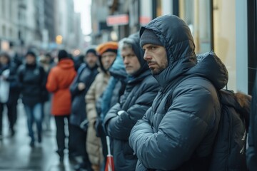 Urban Winter Scene with People in Warm Clothing Lined Up on Busy City Street