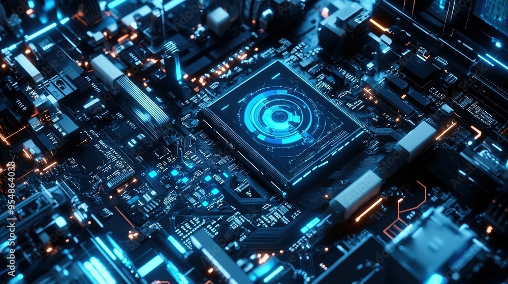 Poster exploring a vibrant computer circuit board with blue and orange illumination highlighting intricate 