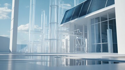 Fototapeta premium Modern industrial facility with transparent structures and sleek architecture on a bright, sunny day