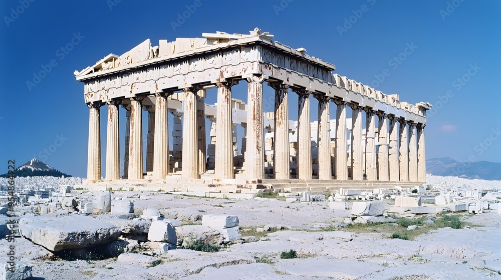 Poster 18. **visualize the parthenon in athens with its ancient columns standing tall against a clear blue 