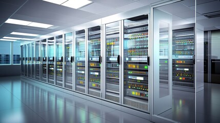 Naklejka premium A modern data center filled with servers illuminated by bright lights in a corporate building during daytime business hours