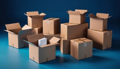 Fototapeta premium cardboard moving boxes on blue background, ai generated, ai
