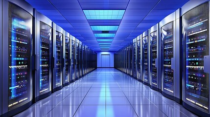 A high-tech data center featuring rows of servers and blue LED lighting in a modern facility during daytime