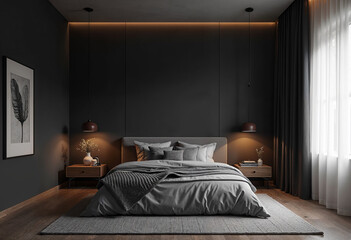 Concept photo of minimalist dark bedroom interior