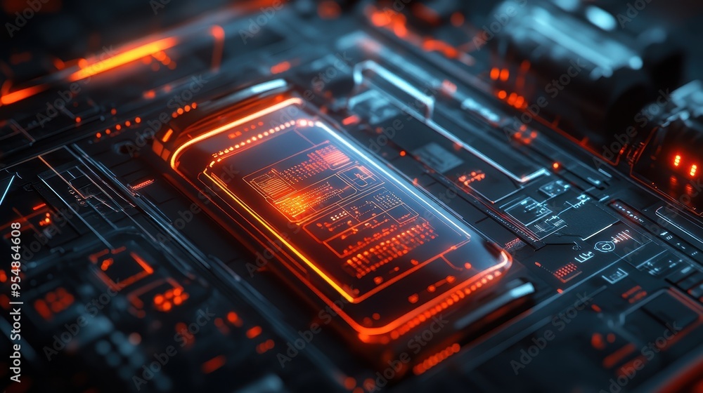 Poster futuristic technology interface with glowing orange display and circuitry