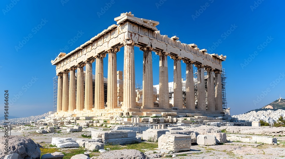 Poster 18. **visualize the parthenon in athens with its ancient columns standing tall against a clear blue 