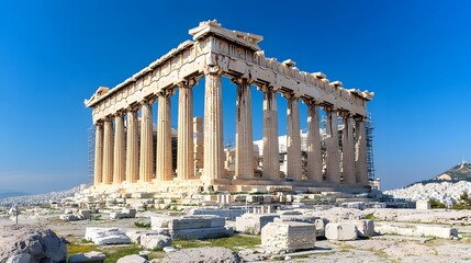 Obraz premium 18. **Visualize the Parthenon in Athens with its ancient columns standing tall against a clear blue sky and cityscape.**