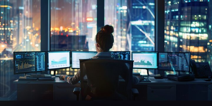 Young woman works in the evening in the office for blockchain analysis and checks trading prices on the stock exchange. 