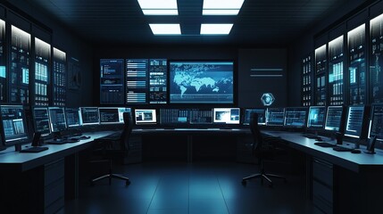 High-tech control room with multiple monitors displaying data analytics and global maps during nighttime operations