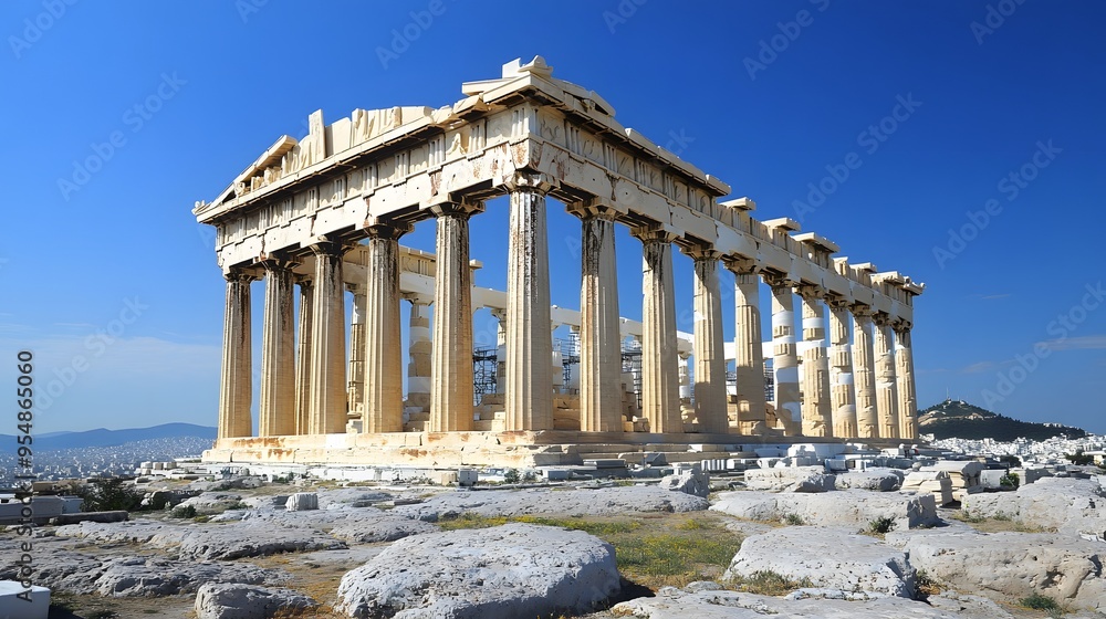 Poster 18. **visualize the parthenon in athens with its ancient columns standing tall against a clear blue 