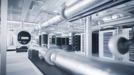 Modern technological infrastructure featuring metallic piping and server storage units in a high-tech facility