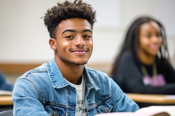A young man in a classroom, smiling as he listens attentively He is wearing a denim jacket