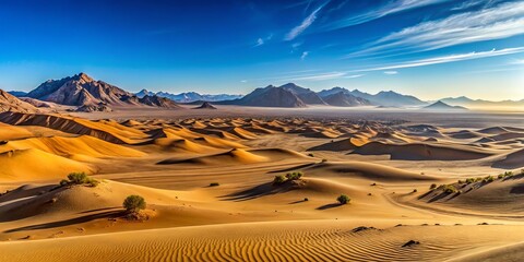 Towering sand dunes slope upwards, punctuating the arid terrain, as distant mountain ranges rise from the earth,