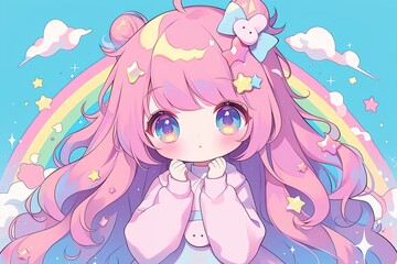 Obraz premium cute anime chibi girl with long pink hair with rainbow on background