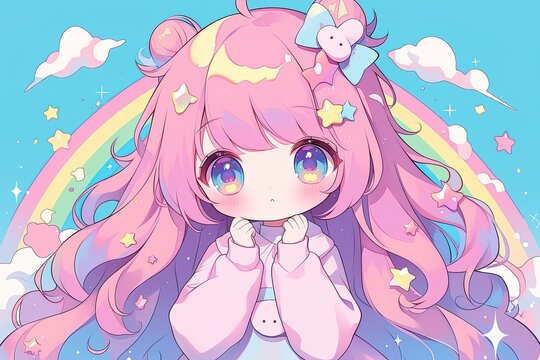 cute anime chibi girl with long pink hair with rainbow on background