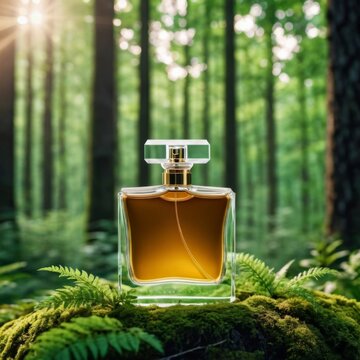 Close-up of glass perfume bottle on top of moss in forest. Luxury fragrance, wooden aroma, ai generated, ai