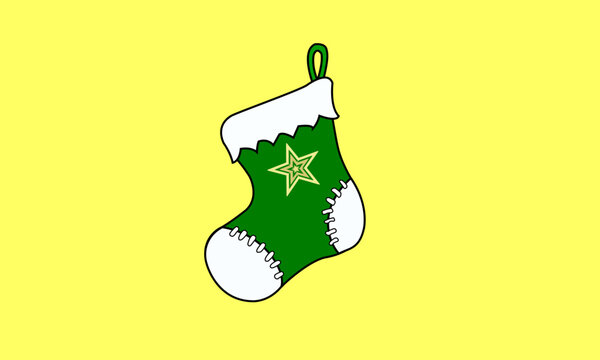 Green Christmas stocking with white fur isolated cutout on yellow background. 