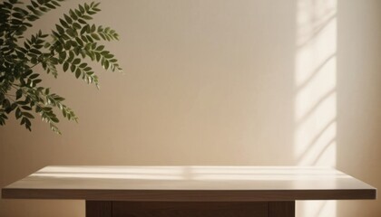 Fototapeta premium .table on warm beige wall background with sun rays and plant, empty concept mockup for your idea, ai generated, ai
