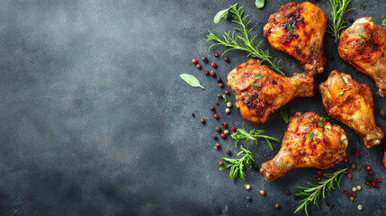 Top view of baked or fried chicken with spices on a stone background, with ample copy space for your text. 